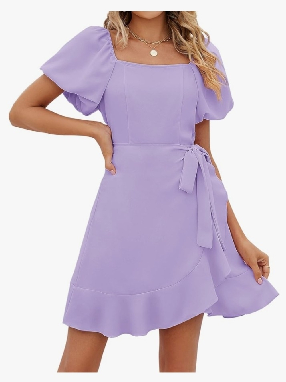 Lavender Puff-Sleeve Wrap Dress with Tie Waist